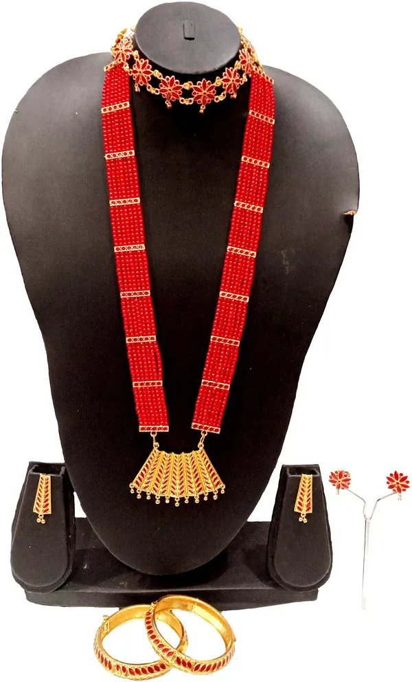 Assamese_Traditional_Gold_Plated_Red_Colour_Combo_Jewellery_Set_For_Women